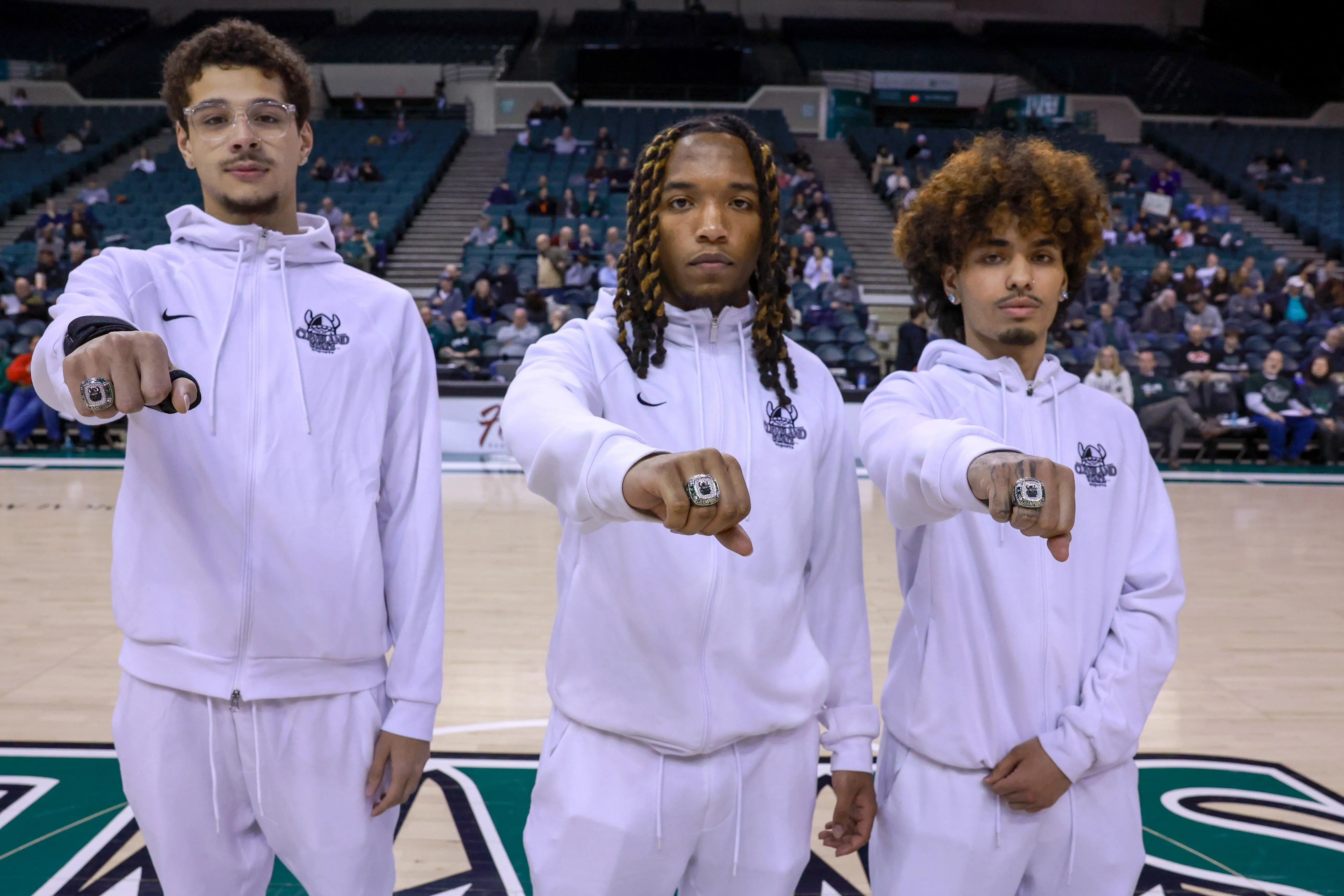Rocket league showing off ring at basketball game 