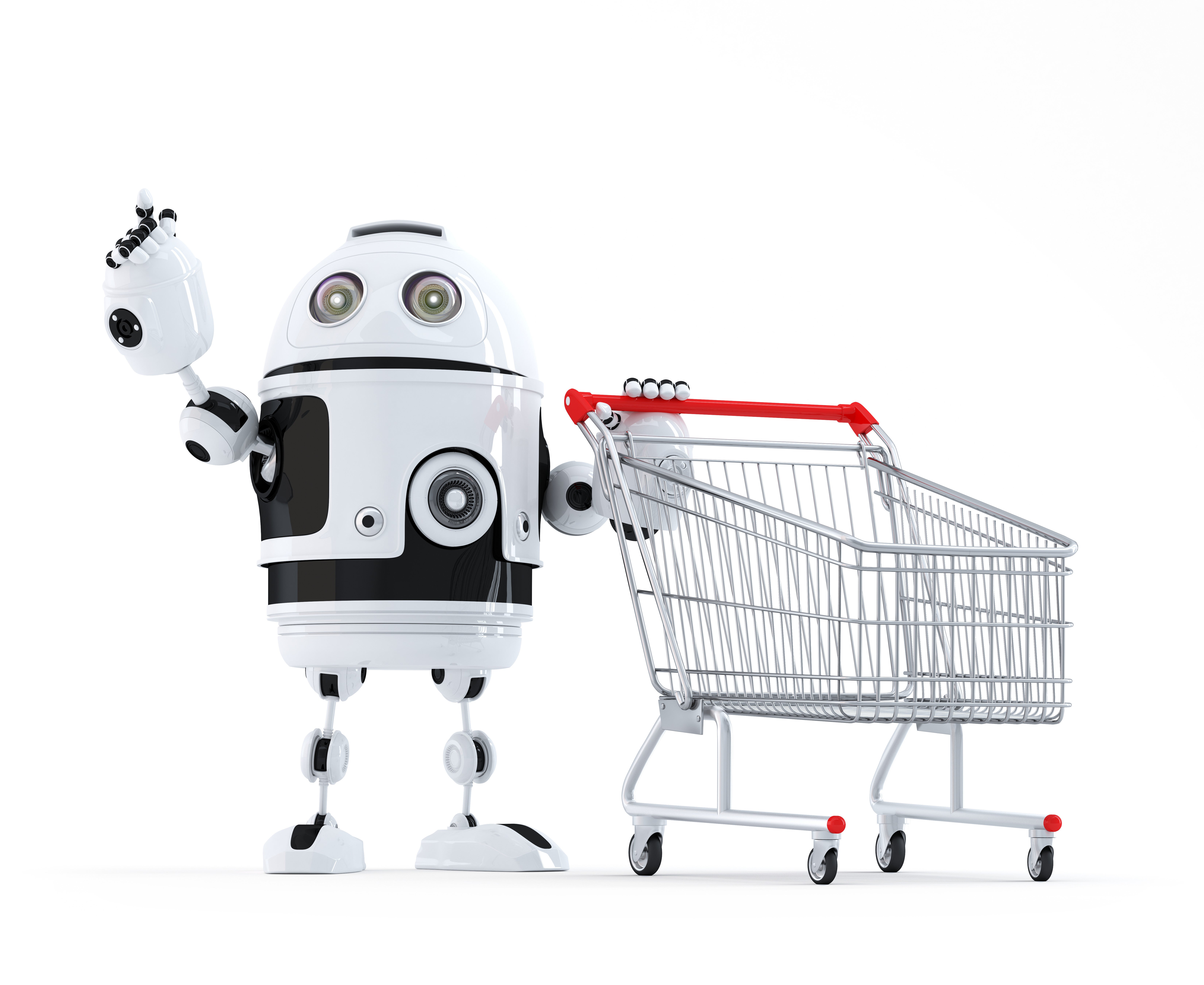 robot-with-shopping-cart-pointing-at-invisible-object