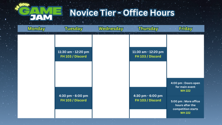 FH 103 office hours for the Novice Tier
