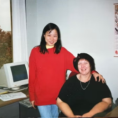 Becky Laird and her friend in her office in 1995.